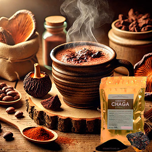 A steaming cup of Chaga Cocoa in a rustic ceramic mug, surrounded by raw Chaga mushroom pieces and cocoa beans on a wooden table.