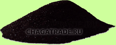 A pile of fine black freeze-dried Chaga extract powder with a rich texture, used as a potent health supplement