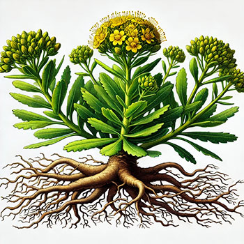 A detailed illustration of a Rhodiola rosea plant with vibrant green leaves and clusters of small yellowish flowers at the top. The plant has thick, gnarled roots extending below, depicted in pale brown with a rugged texture. The scene captures the plant growing in a natural, mountainous environment, reflecting its typical habitat